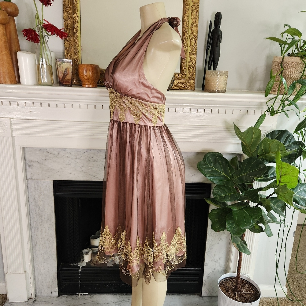 Adrianna Papell Boutique Mocha Brown Pink Gold Halter Dress Beaded Cocktail Sz 4 - Picture 7 of 14